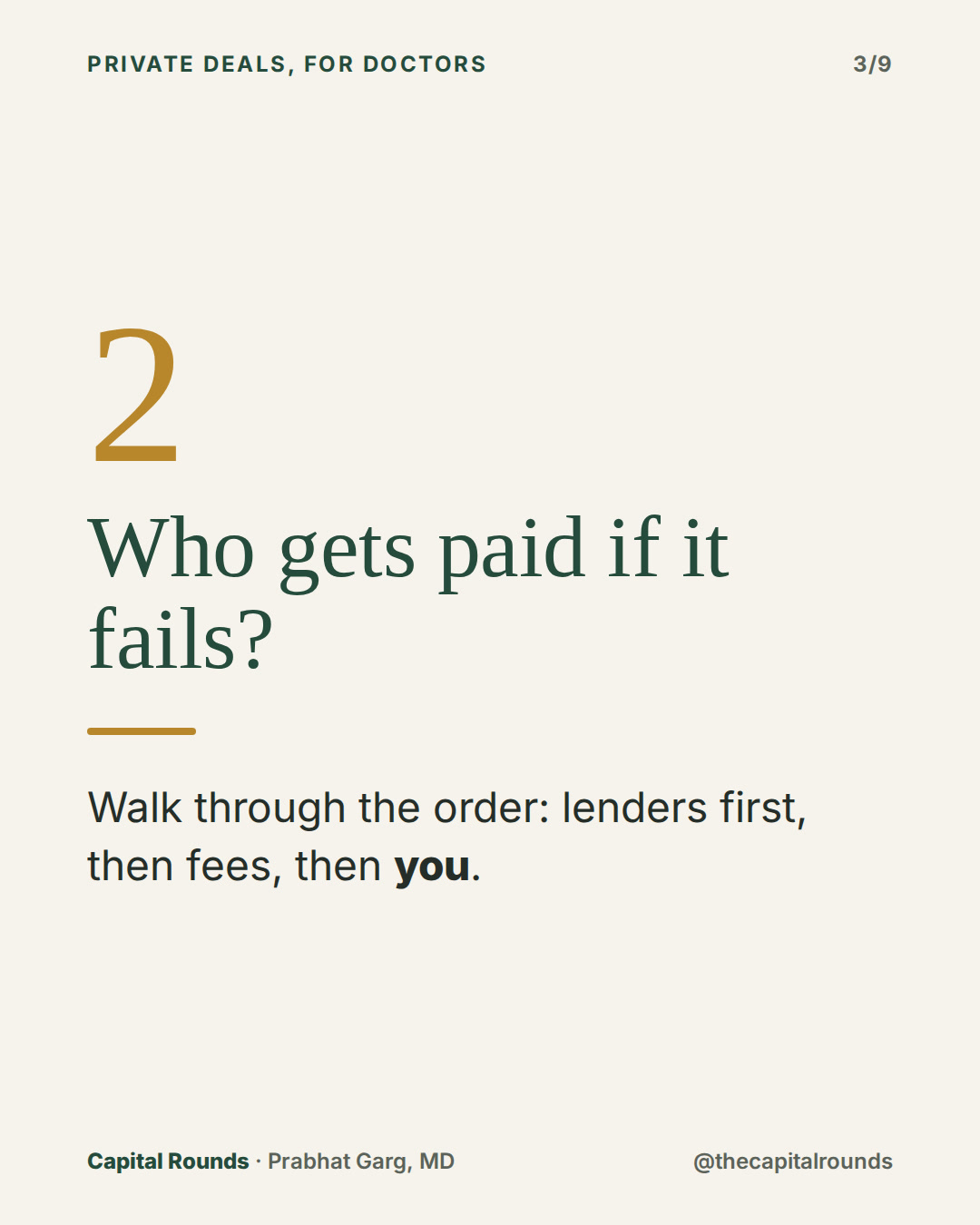 Slide 3 of 9: 7 questions before any private deal pitched to doctors
