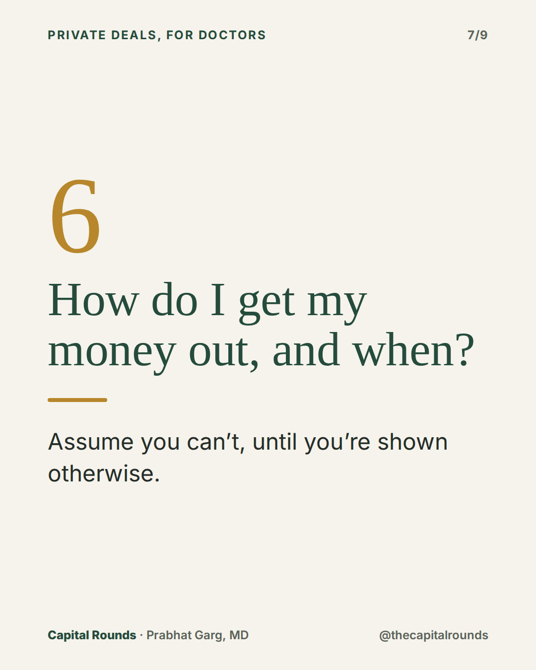Slide 7 of 9: 7 questions before any private deal pitched to doctors