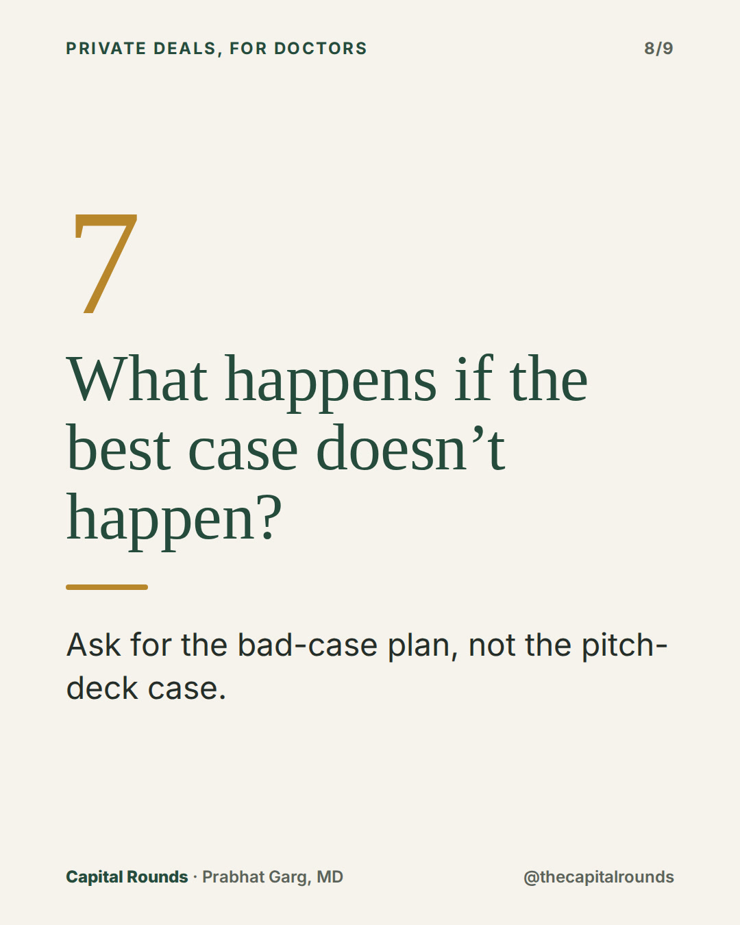 Slide 8 of 9: 7 questions before any private deal pitched to doctors