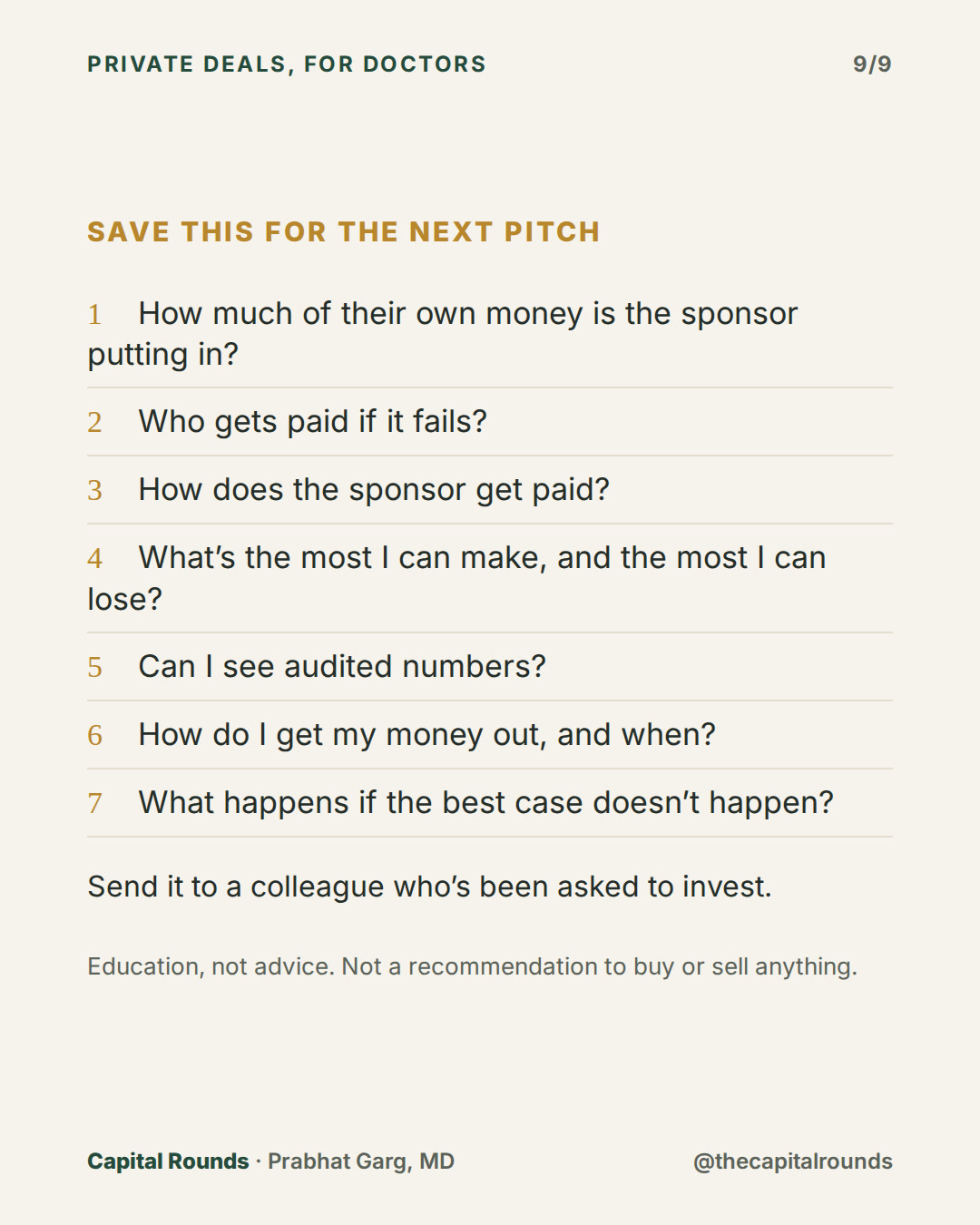 Slide 9 of 9: 7 questions before any private deal pitched to doctors